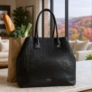 FURLA Melissa Black Perforated Leather Convertible Large Tote Bag Made in Italy